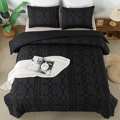Andency Black Tufted Comforter Set Full(79x90Inch), 3 Pieces(1 Tufts Comforter, 2 Pillowcases) Boho Textured Farmhouse Bed Set, Microfiber Down Alternative Geometric Bedding