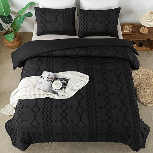 Andency Black Tufted Comforter Set Full(79x90Inch), 3 Pieces(1 Tufts Comforter, 2 Pillowcases) Boho Textured Farmhouse Bed Set, Microfiber Down Alternative Geometric Bedding