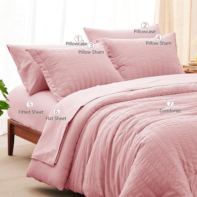 CozyLux King Size Comforter Set Pink Seersucker 7 Pieces Bed in a Bag King Comforter Set with Sheets, Luxury Soft Bedding Sets with Down Alternative Comforter, Sheets, Pillowcases & Shams All Seasons