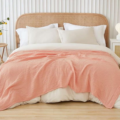 EMME Cotton Muslin Twin Blanket Breathable Gauze Soft Lightweight Adults Gifts for Women (Pink,60"x80")