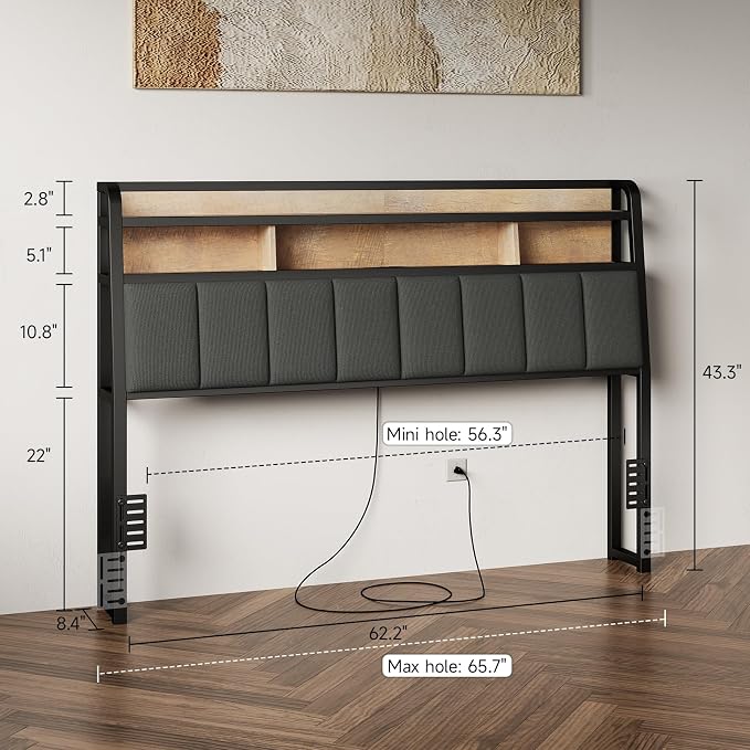 Queen Headboard Only with Storage, Upholstered Headboards for Queen Size Bed with LED Light, Charging Station, Height Adjustable, Sturdy and Stable Headboard, Black & Brown