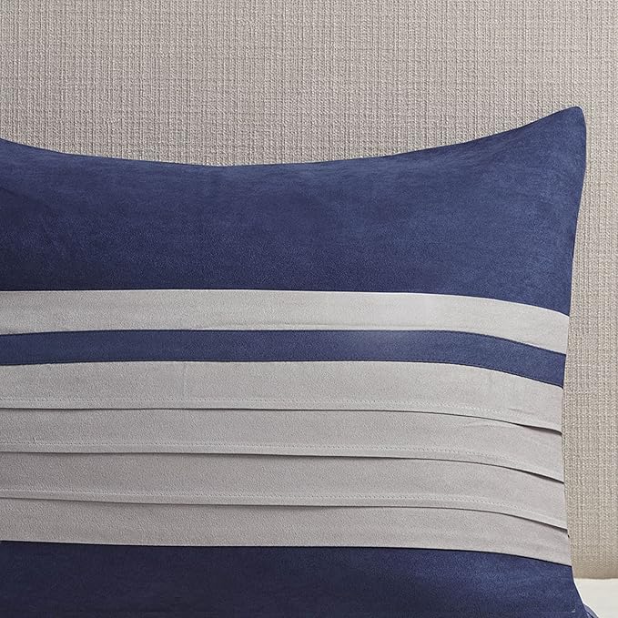 Madison Park Palmer Comforter Set-Luxury Faux Suede Design, Striped Accent, All Season Down Alternative Bedding, Matching Shams, Decorative Pillow, Bed Skirt, King (104 in x 92 in), Blue 7 Piece
