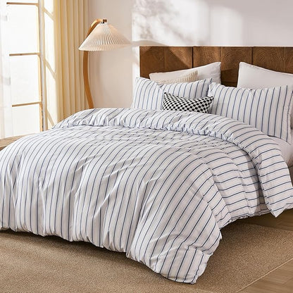 Merryword 100% Cotton Duvet Cover Set Queen Size, Blue and White Stripe Bedding Set, Soft Breathable Natural Cotton Duvet Cover with Pillowcases, Modern Coastal Style Bedding Set for All Seasons