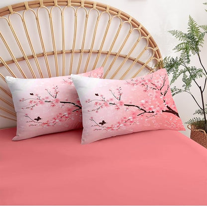 Pink Floral Comforter Set Full Size Cherry Blossom Bedding Set for Girls Boys Japanese Flower Decor Quilt Set - 3Pcs Soft Fluffy Microfiber with 2 Pillowcases(79 * 90)