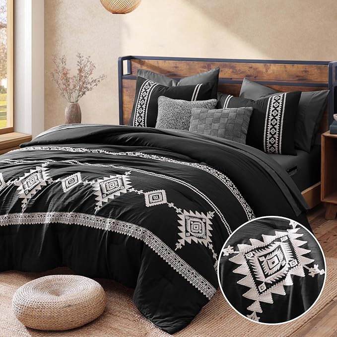 MaiRêve Embroidery Comforter Set, Boho Farmhouse Western Bedding Set, All Season Bed in A Bag Comforter Set with Sheets, Pillowcases & Shams, Black Oversized Queen 7 Pieces