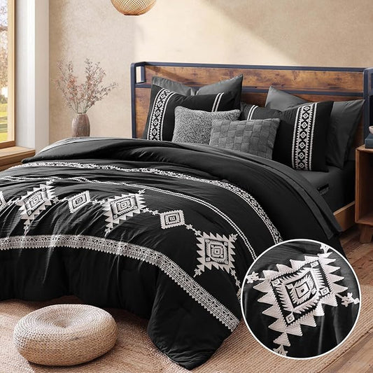 MaiRêve Embroidery Comforter Set, Boho Farmhouse Western Bedding Set, All Season Bed in A Bag Comforter Set with Sheets, Pillowcases & Shams, Black California King 7 Pieces