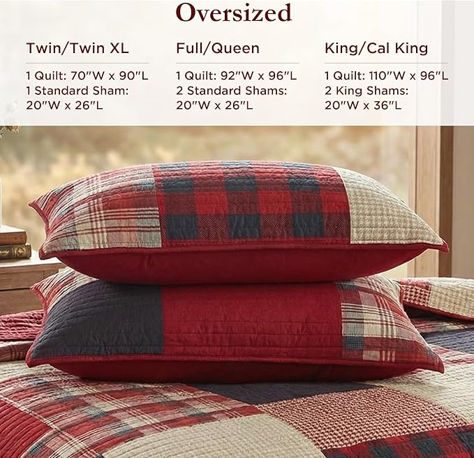 Woolrich Sunset Reversible Quilt Set - Cottage Styling Reversed to Solid Color, All Season Lightweight Coverlet, Cozy Bedding Layer, Matching Shams, Oversized Full/Queen, Plaid Red 3 Piece