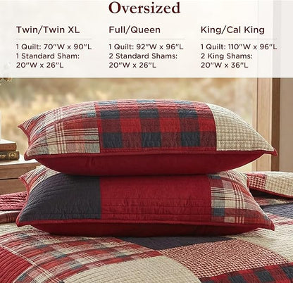 Woolrich Sunset Reversible Quilt Set - Cottage Styling Reversed to Solid Color, All Season Lightweight Coverlet, Cozy Bedding Layer, Matching Shams, Oversized King/Cal King, Plaid Red 3 Piece