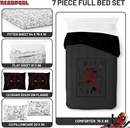 Jay Franco Marvel Deadpool Full Size Comforter Set - 7 Piece Bedding Includes Sheet Set and Pillow Covers - Gray and Red Super Soft Cozy Bedding