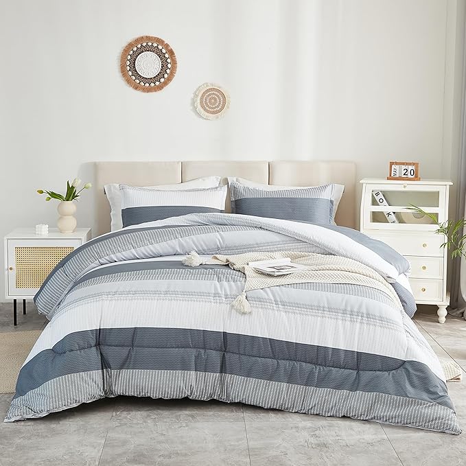 Litanika Comforter King Size Bed Set Light Grey - 3 Pieces Lightweight Bedding Comforter Sets Gray White Colorblock Stripe Fluffy All Season Bed Set