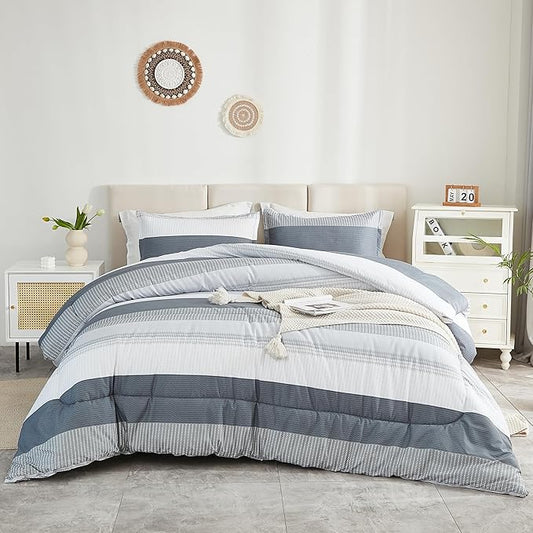 Litanika Comforter Full Size Bed Set Light Grey - 3 Pieces Lightweight Gray White Colorblock Stripe Fluffy Bedding Comforter Sets, All Season Bed Set