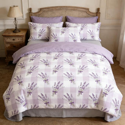 5Pcs Gingham Bed in a Bag Twin Size Girls Purple Lavender Comforter Set with Sheet Plaid Bedding Checkered Quilted Comforter with 2 Pillowcases + 1 Flat Sheet + 1 Fitted Sheet, 68"x86"