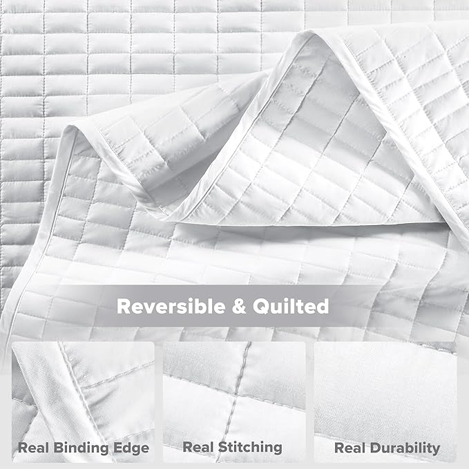 Comfort Spaces White Oversized King Quilt Set 120"x118" Bedspread Quilted Summer Lightweight Microfiber Bedding Coverlet with Double Sided Stitching Soft All Season Cozy 3 Piece with Matching Shams