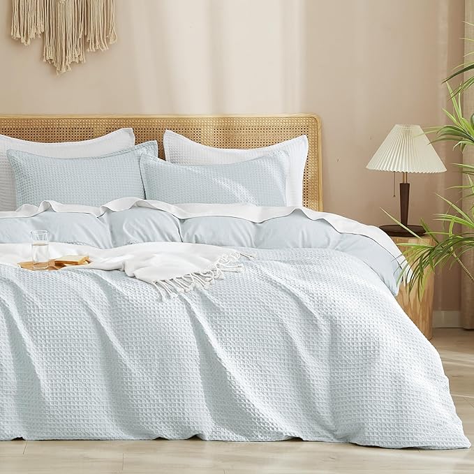 PHF Waffle Weave Duvet Cover Set King Size, 3 Piece Ultra Soft Breathable Durable Comforter Cover for All Season, Waffle Textured Duvet Set with 2 Pillow Shams Bedding Collection, 104"x90",Ice Blue
