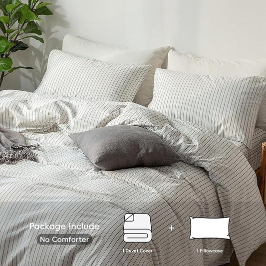 MooMee Striped Duvet Cover Set 100% Washed Cotton Linen Like Textured Breathable Durable Soft Comfy (White Dark Grey Wide Stripes, Twin 68"x90")