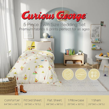 Curious George Bedding Set, Twin Size 5 Piece Set Kids Super Soft Cozy Reversible Comforter and Sheet Set with Sham, (100% Officially Licensed Product) by Franco