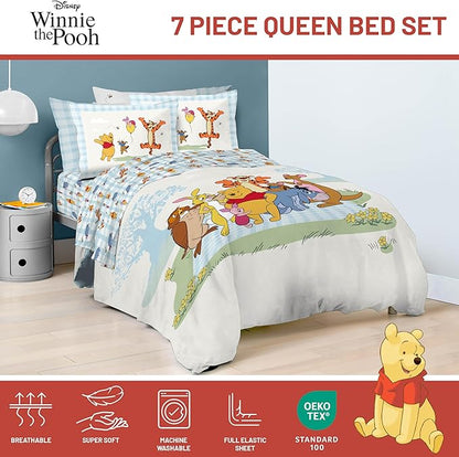 Jay Franco Kids Comforter Set Includes Sheets and Pillow Covers - Soft and Cozy Bed Set for Stylish Room Decor, Official Licensed Bedding, White - Winnie The Pooh, 7 Piece Queen