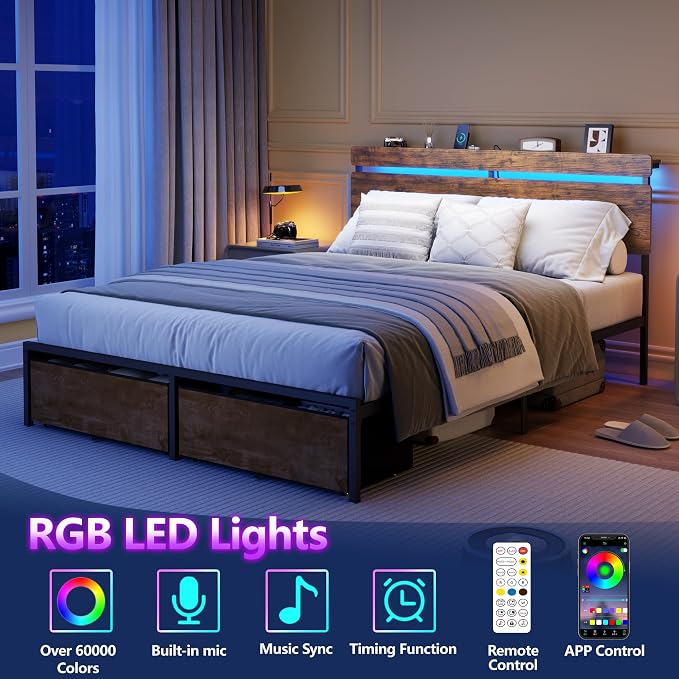Forestell Queen Bed Frame with Wood Headboard,2 Storage Drawers & Shelf | Built-in Charging Station & LED Lights, Metal Support, No Box Spring Needed, noise-free, easy assembly, Smart RGB, USB+Type-C