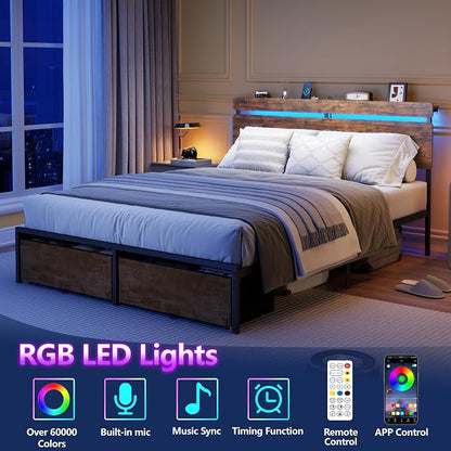 Forestell Queen Bed Frame with Wood Headboard,2 Storage Drawers & Shelf | Built-in Charging Station & LED Lights, Metal Support, No Box Spring Needed, noise-free, easy assembly, Smart RGB, USB+Type-C