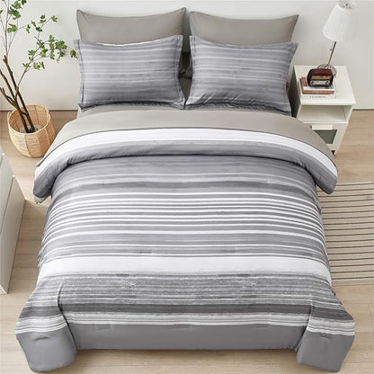 KAKIJUMN 7 Piece Bed in a Bag Stripe Comforter Set Full Size, White Grey Patchwork Striped Comforter and Sheet Set, All Season Soft Microfiber Complete Bedding Set(Light Grey,Full)