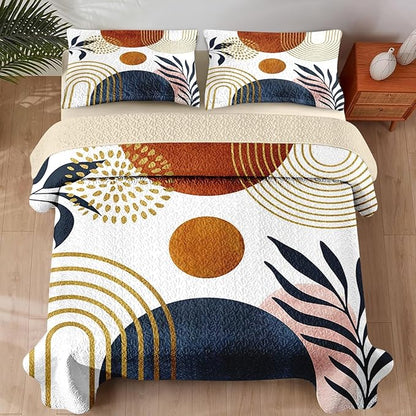 Quilt Set Twin Size, Gold Yellow Mid Century 2 Pcs Soft Bed Cover Bedding Set for Kids and Adults, Sun Boho Geometric Leaf Lightweight Bedspread Coverlet with Pillow Sham for All Season
