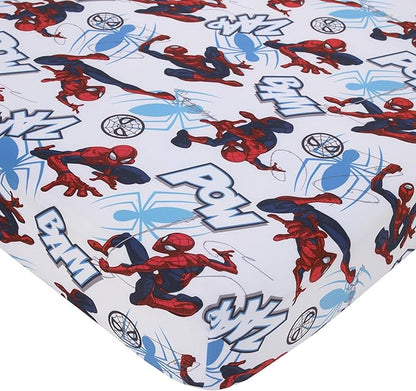 NoJo Marvel Spiderman to The Rescue Red, White, and Blue 4 Piece Toddler Bed Set - Comforter, Fitted Bottom Sheet, Flat Top Sheet, and Reversible Pillowcase