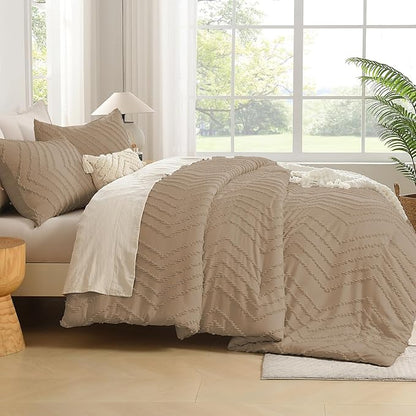 Andency Taupe Comforter Set Full Size, Boho Soft Warm Tufted Bedding Comforter Sets for Full Size Bed, 3 Pieces Aesthetic Chevron Farmhouse Cute Bohemian Textured Bed Set