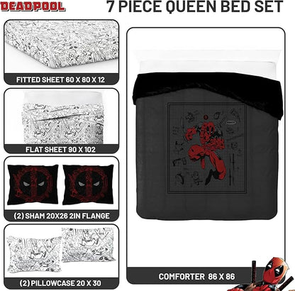 Jay Franco Marvel Deadpool Queen Size Comforter Set - 7 Piece Bedding Includes Sheet Set and Pillow Covers - Gray and Red Super Soft Cozy Bedding
