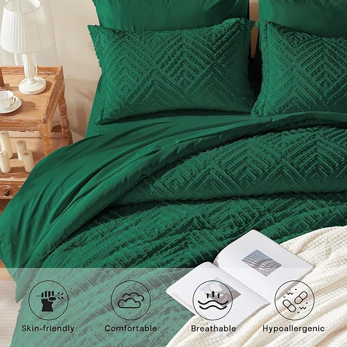 Zzlpp Queen Comforter Set 7 pieces, Emerald Green Tufted Bed in a Bag with Comforter and Sheets, All Season Boho Bedding Sets with Comforter, 2 Pillow Shams, 2 Pillowcases, 1 Flat Sheet