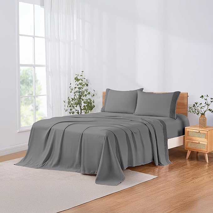 Modern Threads 4 Piece Microfiber Sheet Set – Soft Cooling Bed Sheets with Crochet Lace – Deep Pocket, Wrinkle Free, Breathable, Hotel Luxury Bedding, Charcoal Gray, King