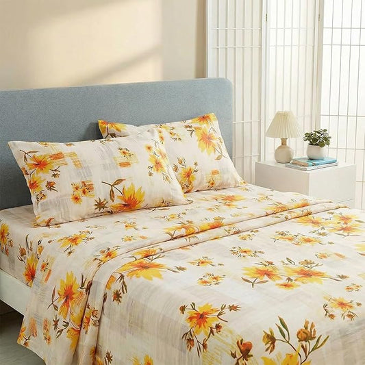 JSD Rustic Yellow Floral Sheet Set Queen Size, 4 Piece Printed Microfiber Bedding Sheets Extra Deep Pocket