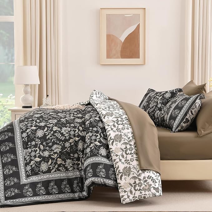 Dinjoy Comforter Set King Size Boho, Reversible Brown Gray Bedding Paisley Floral 7 Piece Bed in a Bag Soft Lightweight Bohemain Comforters with Sheet Sets for All Season