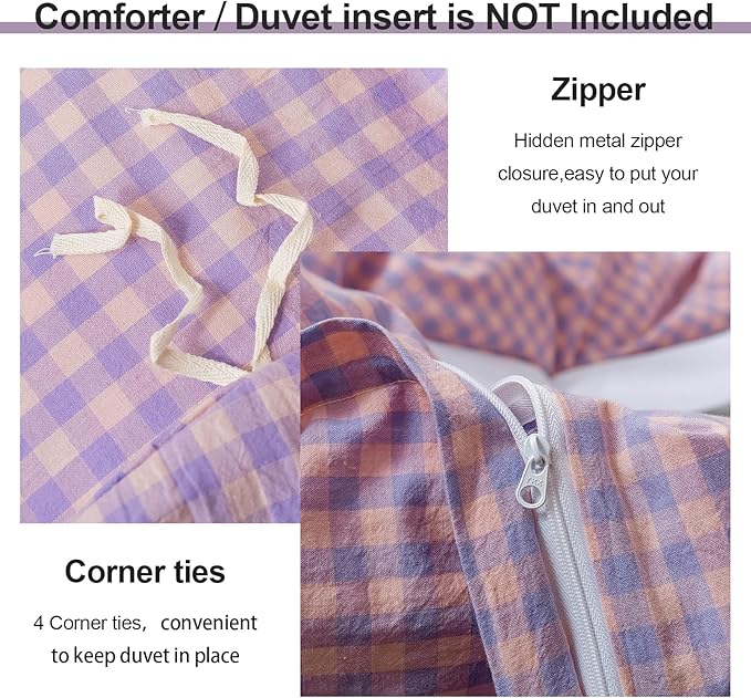 EAVD Vintage Purple Gingham Duvet Cover King Soft 100% Washed Cotton Modern Purple Pink Grid Plaid Duvet Cover with 2 Pillowcases Reversible Geometric Pattern Bedding Set with Zipper Closure