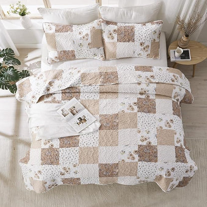 VIVILINEN Full Queen Size Brown Floral Plaid Patchwork Quilt Set Reversible Quilted Bedspread Coverlet Set 3-Piece Comforter Bedding Set Bed Cover with 2 Pillow Shams