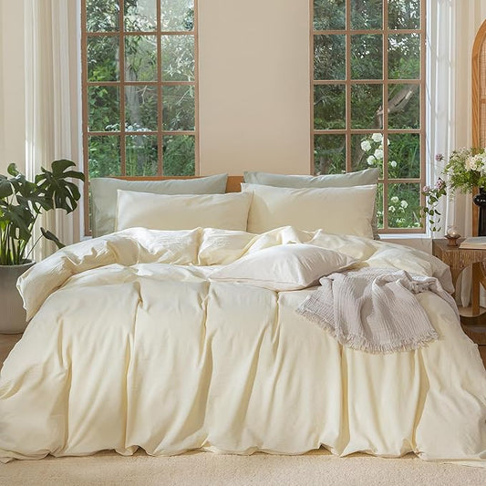 MooMee Bedding Duvet Cover Set 100% Washed Cotton Linen Like Textured Breathable Durable Soft Comfy (Solid Cream, King 104"x90")
