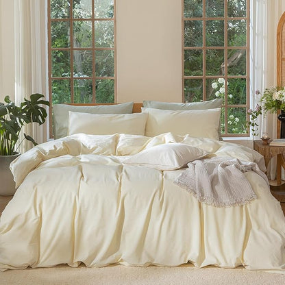 MooMee Bedding Duvet Cover Set 100% Washed Cotton Linen Like Textured Breathable Durable Soft Comfy (Solid Cream, Super Queen 90"x98")