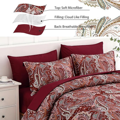 DJY Red Paisley Comforter Set King Size, 7 Piece Bed in a Bag Boho Paisley Pattern Comforter Set Soft Lightweight Microfiber Reversible Bedding Set for All Season (104''x90'')
