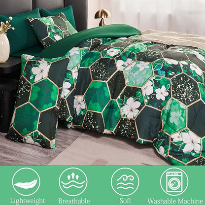 ANGIYUIN Green Marble California King Size Comforter Sets White Flowers Bedding Sets 7Pcs Gold Honeycomb Bed in A Bag for Women Men Luxury Farmhouse Bed Comforter Sets for All Season