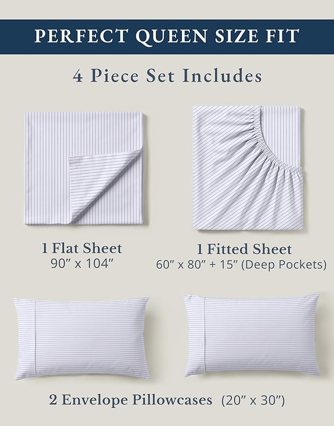 LANE LINEN 100% Organic Cotton Sheet Sets Queen Size, 4Pc Queen Size Cotton Sheets, Hotel Style Sheets, Bedding Sheets & Pillowcases, Queen Sheet Sets Deep Pockets Fits Upto 15" - Blue Ticking Stripe
