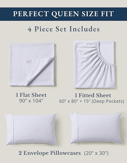 LANE LINEN 100% Organic Cotton Sheet Sets Queen Size, 4Pc Queen Size Cotton Sheets, Hotel Style Sheets, Bedding Sheets & Pillowcases, Queen Sheet Sets Deep Pockets Fits Upto 15" - Blue Ticking Stripe