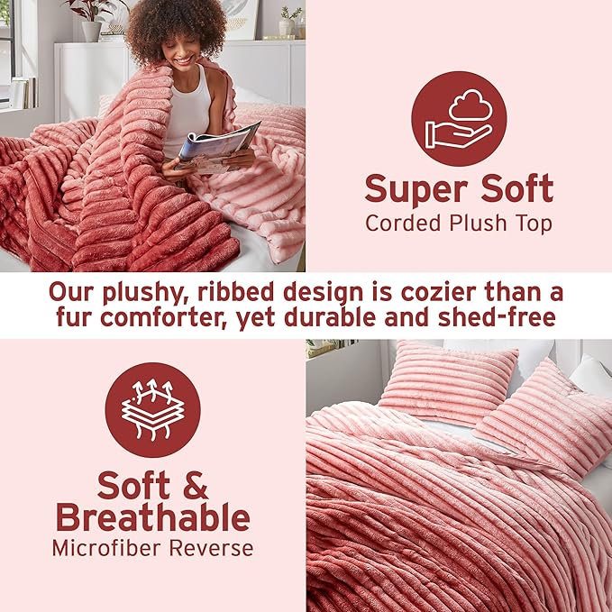 Intelligent Design Queen Comforter Set, Plush Bedding, Microfiber Reverse, 3 Piece, Lightweight, Super Soft Ribbed Velvet Comforter 2 Shams, All Season Fluffy Bed Set, Avril, Full/Queen Blush Ombre
