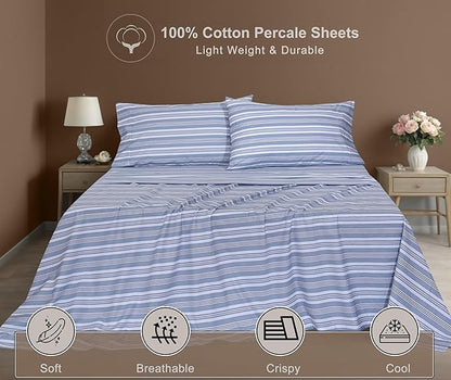 ZOYER 100% Cotton Sheets – Split King Size Percale Bedding, Cooling & Breathable, Durable with a Crisp, Soft & Comfortable Feel, 16" Deep Pocket, 5-Piece Set, Nautica Herringbone