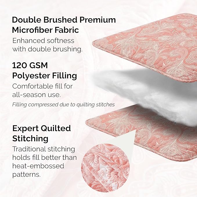 Southshore Fine Living, Inc. Paisley Quilt Set King/California Size, Light Weight Bedspread, 3-Piece Set Bohemian Bedding with Two Matching Quilted Pillow Shams, Cal/King Quilt, Reversible Coral