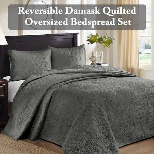 Madison Park Quebec Reversible Quilt Set Damask Design, Double Sided Stitching All Season, Lightweight Bedspread Bedding Set, Matching Sham, Dark Grey, King(120"x118") 3 Piece