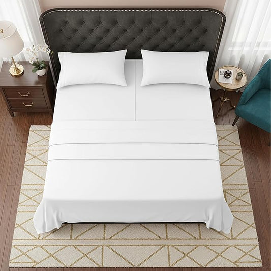 Elegant Comfort Luxurious 1500 Premium Hotel Quality Microfiber Three Line Embroidered Softest 5-Piece Bed Sheet Set, Wrinkle and Fade Resistant, Split King, White
