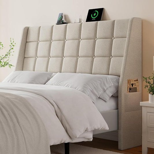 Ergonomic Upholstered Headboard Queen Size w/Charging Station, Linen Wingback Headboards w/Storage Pocket, Queen Headboard Only, Bed Frame Adapters, Sturdy Stable Solid Wood Bed Head Board, Beige