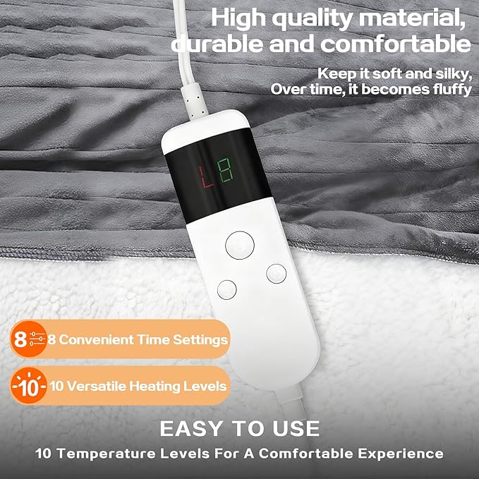 Electric Heated Blanket Twin Size 62''x84'' -Control Heating Blanket, Soft & Warm Flannel 10-Level Temperature Control, 8 Hours Auto Off, Rapid Heating & Overheat Protection