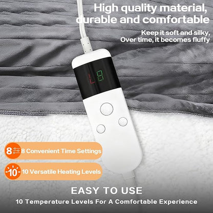 Electric Heated Blanket Twin Size 62''x84'' -Control Heating Blanket, Soft & Warm Flannel 10-Level Temperature Control, 8 Hours Auto Off, Rapid Heating & Overheat Protection