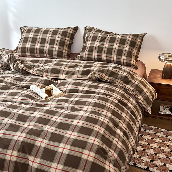 EAVD Vintage Brown Buffalo Plaid Comforter Set Full Soft 100% Washed Cotton Brown&Red&Green Grid Checkered Bedding Set with 2 Pillowcases Retro Gingham Comforter Set for All-Season