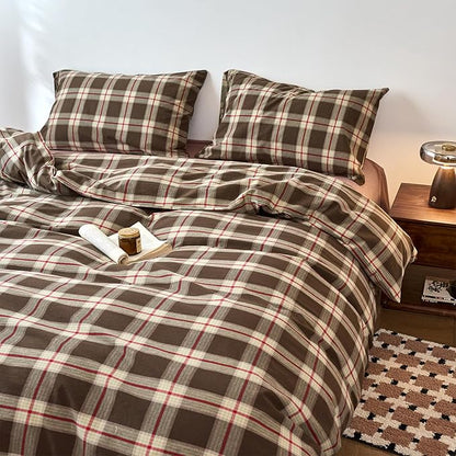 EAVD Vintage Brown Buffalo Plaid Comforter Set Full Soft 100% Washed Cotton Brown&Red&Green Grid Checkered Bedding Set with 2 Pillowcases Retro Gingham Comforter Set for All-Season